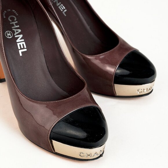 Chanel Brown Patent Leather Mirror Platform Pumps - Picture 6 of 10